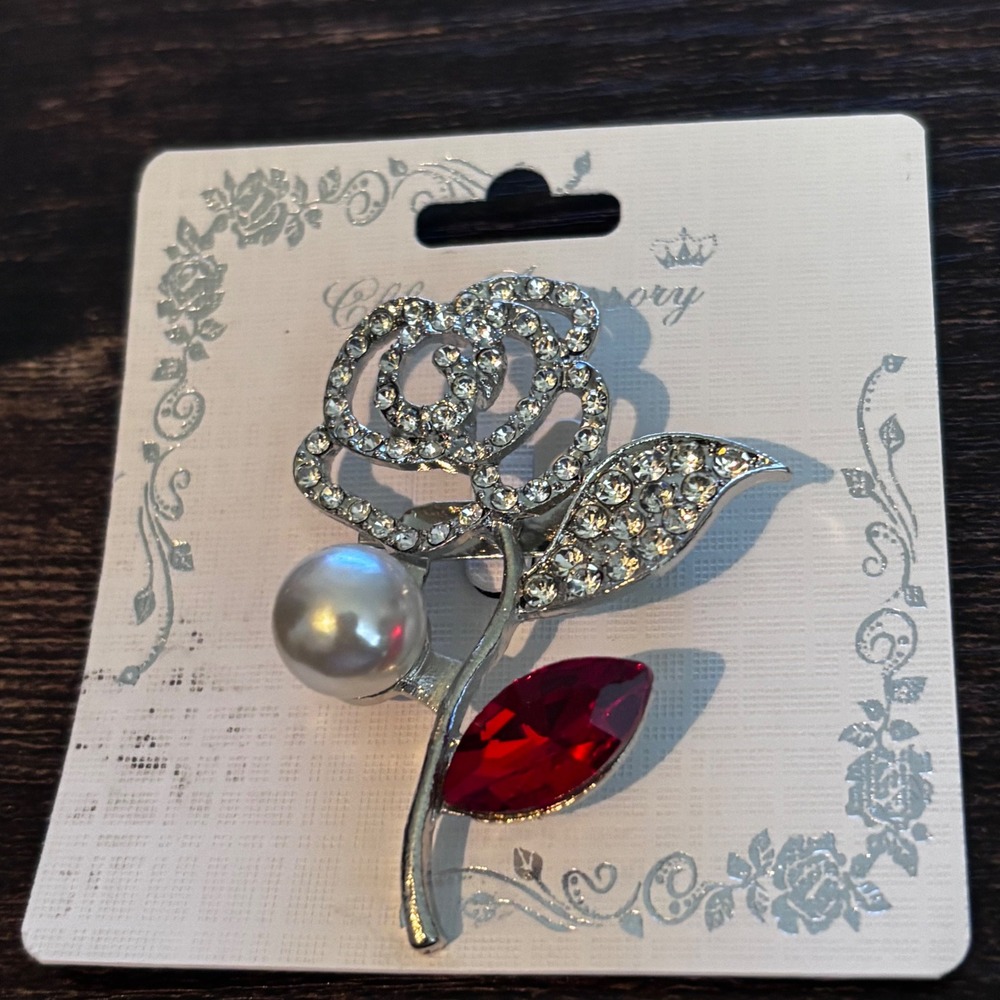 Silver Tone Rhinestone Rose Brooch Pin with Red Crystal and Faux Pearl Floral